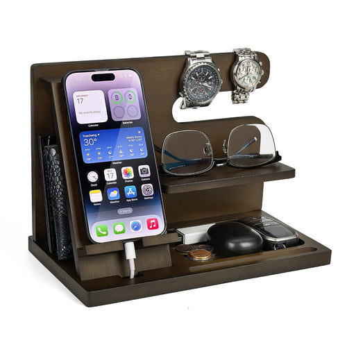 Wood Phone Docking Station — Nightstand Organizer for Phone, Watch & Wallet